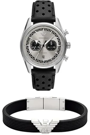 Emporio Armani Herren Schwarze Leder Uhr und Armband Silberfarben Silikon, Set