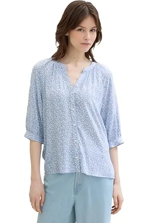 TOM TAILOR Damen Basic Bluse mit Ballonenärmeln, mid blue minimal print, S