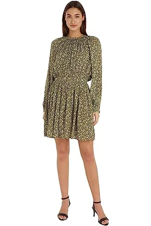 Tommy Hilfiger Damen Kleid Feather Print Crepe Dress Langarm, Mehrfarbig (Feather Print/ Putting Green), 40