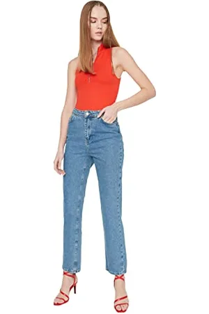 Trendyol Damen Blue High Waist Long Narrow Straight Jeans, , 32 EU