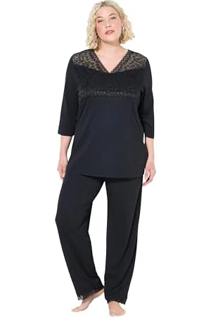 Ulla Popken Damen große Größen Übergrößen Plus Size Pyjama, Spitzeneinsatz, V-Ausschnitt, 3/4-Arm