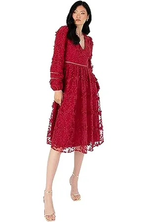 Maya Deluxe Damen Womens Midi Dress Ladies Floral Embroidered Lace Long Sleeve V-Neck for Wedding Guest Bridesmaid Prom Occasion Ball Gown Kleid, , 40