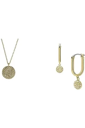 Fossil Damen-Kettenhalsband und -Ohrringe Sadie Glitz Disc, goldfarbener Edelstahl