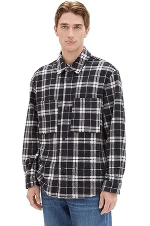 TOM TAILOR Herren Relaxed Fit Fleecejacke mit Karo-Muster, black white classic check, L