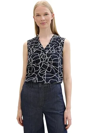 TOM TAILOR Damen Basic Bluse mit Rüschen-Detail am Kragen, abstract navy lines design, 42