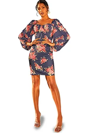 Chi Chi London Damen Figurbetontes Ballonärmeln in Marineblau mit Blumenmuster Kleid für besondere Anlässe, , 42