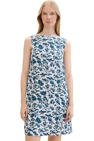 TOM TAILOR Damen Basic Sommer-Kleid mit Rückenausschnitt, blue abstract floral design, 38