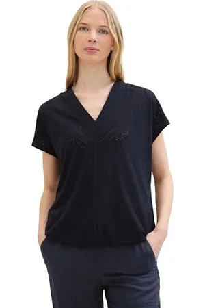 TOM TAILOR Damen Basic Blusen-Shirt mit Lochstickerei-Details, sky captain blue, XXS