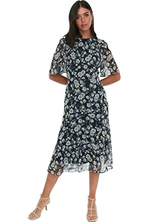 Trendyol Damen Blumenmuster Dress A-Linie, Blau, 40