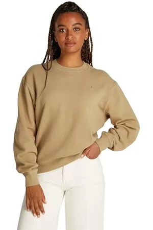 Tommy Hilfiger Damen Sweatshirt Flag On Chest ohne Kapuze, Beige (Safari Canvas), L