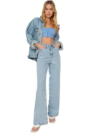 Trendyol Damen Herren Hoher Bund Wide Leg Jeans, Hellblau, 36 EU