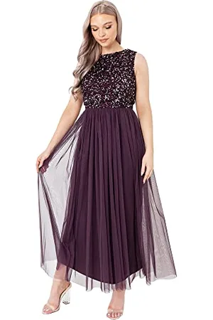Maya Deluxe Vrouwen Midaxi Jurk Dames Mouwloze Pailletten Hoge Empire Taille Tule Versierd voor Bruiloft Gast Bal Bruidsmeisje, Bessen, 40