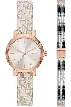 DKNY Damenuhren Soho, Dreizeigeruhrwerk, 28mm Rose Gold Edelstahlgehäuse mit Edelstahlarmband, NY6605SET
