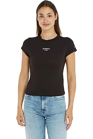 Tommy Hilfiger Damen T-Shirt Kurzarm Essential Logo Rundhalsausschnitt, (Black), L