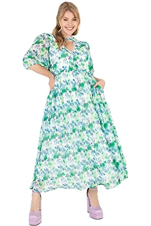 Lovedrobe Damen Summer Dresses for Women Plus Size Curve Ladies Midi Sun Faux Wrap High V Neckline Waist Puffed Sleeve Lace Black Kleid, , 52 EU