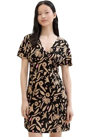 TOM TAILOR Damen Basic Mini-Skater-Kleid mit Allover Print, black tropical print, XL