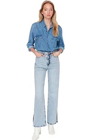 Trendyol Damen Herren Hoher Bund Wide Leg Jeans, Hellblau, 38 EU