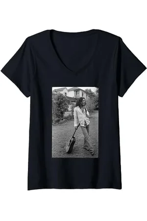 Bob Marley X David Burnett Black & White Guitar Photo T-Shirt mit V-Ausschnitt