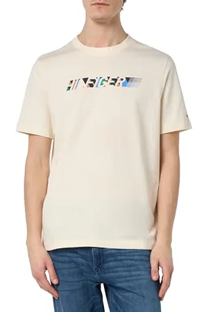 Tommy Hilfiger Herren T-Shirt Kurzarm Multicolour Hilfiger Tee Rundhalsausschnitt, Weiß (Calico), XS