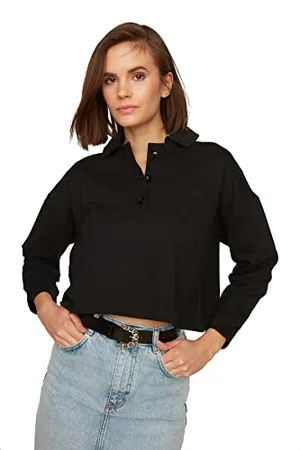 Trendyol Damen Black Polo Collar Crop Shardone Knittone Sweatshirt, , XL EU