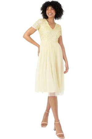 Maya Deluxe Damen Embellished Midi Evening Dress Women Ladies V Neckline with Short Sleeve for Prom Wedding Brautjungfernkleid, , 54