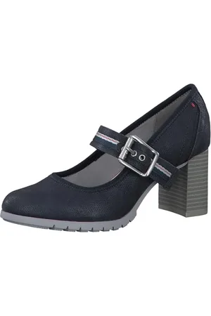 QS by s.Oliver Damen Pumps mit Riemen mit Blockabsatz mit Strukturmuster, Blau (Navy), 38