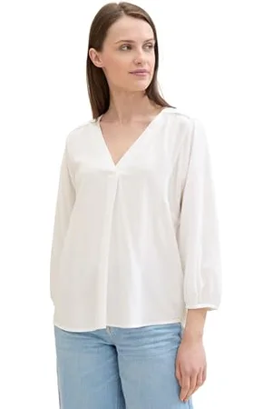TOM TAILOR Damen Basic Bluse mit V-Ausschnitt , White, 46