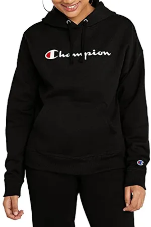 Champion Damen Powerblend Relaxed Hoodie, Siebdruck-Schriftzug Kapuzenpullover, Black Script, 42