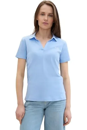 TOM TAILOR Damen Basic Poloshirt mit Logo , light fjord blue, XXS