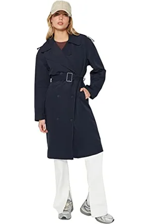 Trendyol Damen Damen Oversize Zweireihig Plain Webstoff Trenchcoat Coat, Marineblau, 42 EU