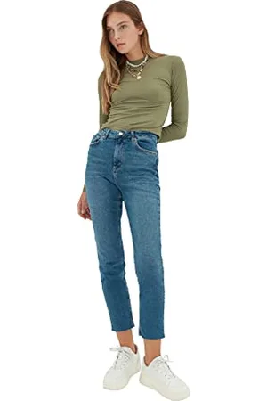 Trendyol Damen Trophäe Gestrichelte Hohe Taille Slim Fit Jeans, , 34 EU