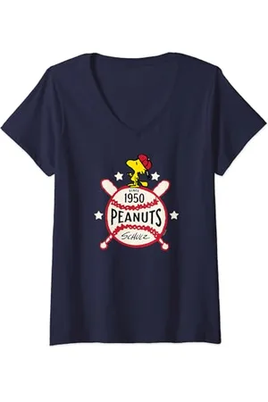 Peanuts Damen - Woodstock 1950 Baseball T-Shirt mit V-Ausschnitt
