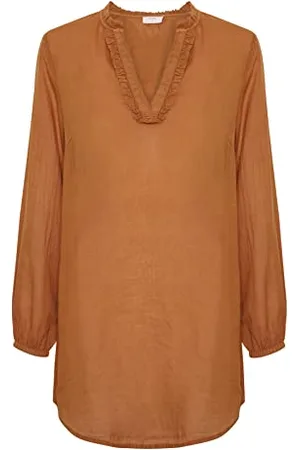 Cream Damen Longline V-Neck Frill Details Long Sleeves Tunic Shirt, Braunes Leder, 36