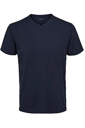 SELECTED Herren Selected V-Ausschnitt T-Shirt | Einfarbiges Basic Kurzarm Shirt SLHNEWPIMA | Stretch Baumwolle, Farben:Navy, Größe:L