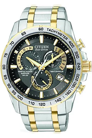 Citizen Herren Armbanduhr Eco-Drive Chronograph at4004–52E mit einem schwarzen Zifferblatt und einem zweifarbigen Edelstahl Armband