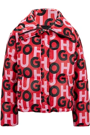 HUGO BOSS Damen Fary-1 Glänzende Steppjacke mit Oversize-Kragen und Stack-Logos Rot S