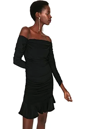 Trendyol Damen Figurbetont Bodycon Tiefer Rundhals Webstoff Kleid, , 42