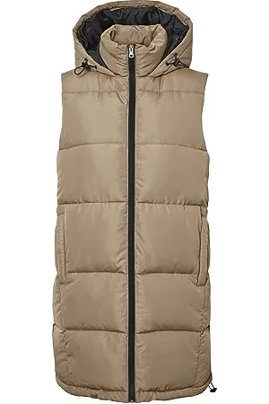 Noisy May Damen Lange Puffer Weste | Wattierte Stepp Übergangsjacke ohne Ärmel | mit Kapuze & Zip NMAURORA, Farben:Beige, Größe:42