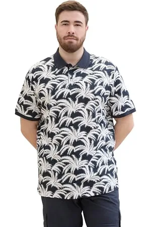 TOM TAILOR Herren Plussize Basic Poloshirt mit sommerlichem Allover-Print, navy white leaf design, 3XL