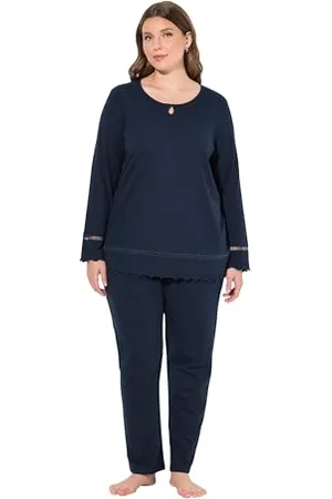 Ulla Popken Damen Pyjama, Hohlsaum, Wellenkanten, Rundhals, Langarm Pyjamaset, , 46-48 EU