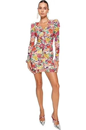 Trendyol Damen Blumen Mini Lange Ärmel Cocktail Tailliert Kleid