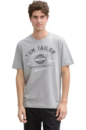 TOM TAILOR Herren 1037735 T-Shirt aus Baumwolle mit Logo-Print, 32917-Deep Grey, L