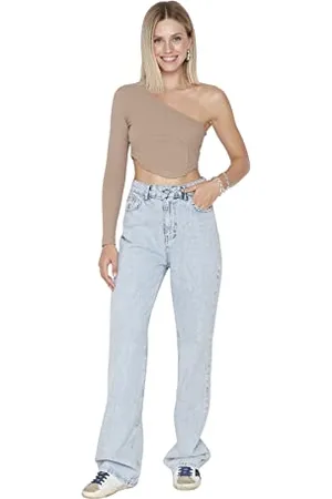 Trendyol Damen Herren Hoher Bund Wide Leg Jeans, Hellblau, 36 EU