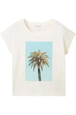 TOM TAILOR Mädchen Kinder T-Shirt mit Glitzer Palmen-Foto-Print, Wool White, 128