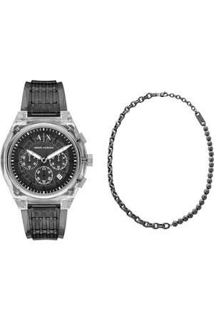 Armani Exchange Herren Graues Polyurethan Uhr und Halskette Gunmetal Edelstahl, Set