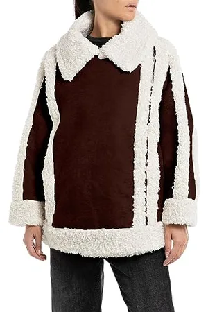 Replay Damen Kunstlederjacke mit Kunstfell Teddyjacke, (Braun), XS