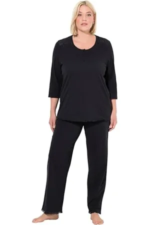 Ulla Popken Damen große Größen Übergrößen Plus Size Pyjama, Lochstickerei, Rundhals, Zierfalte, 3/4-Arm
