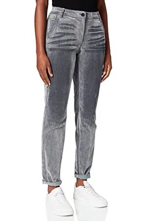 Taifun Damen Boyfriend-Jeans mit Samt-Beflockung Hose Jeans lang Hose unifarben, Used-Effekt leicht verkürztes Bein 36