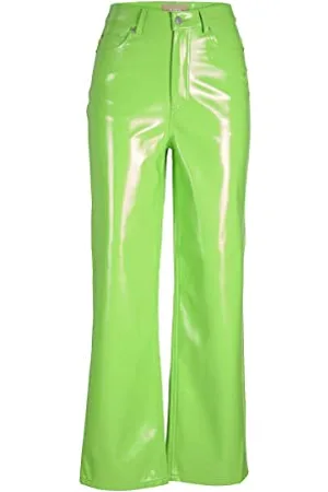 JJXX Damen JXKENYA HW Straight Faux Leat Pants NOOS Hose, Green Flash/Detail:Shiny-Long, S