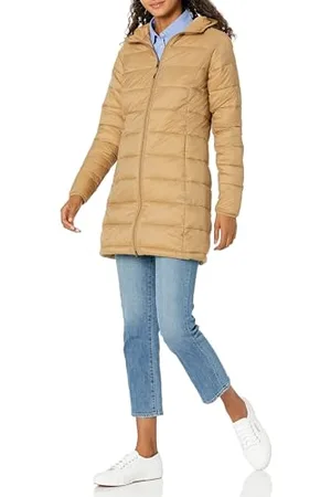 Amazon Damen Leichter, wasserabweisender, verstaubarer Regular-Fit-Daunenmantel mit Kapuze (erhältlich in Plus Size), , L